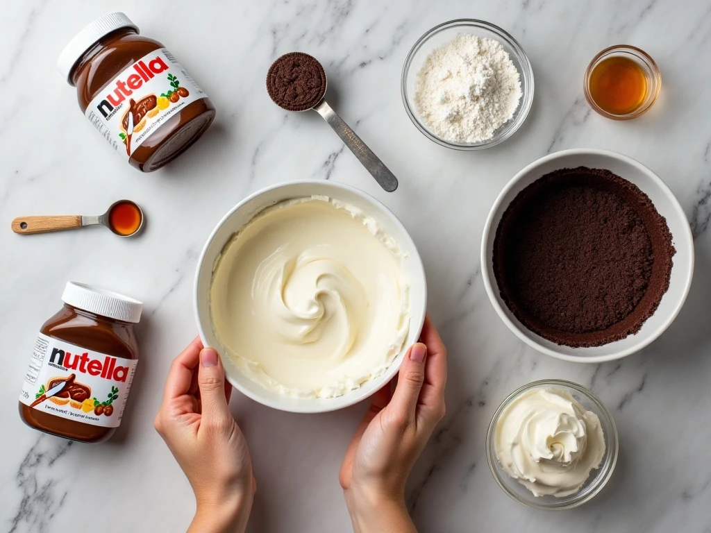Ingredients for easy no-bake Nutella pie arranged on a counter