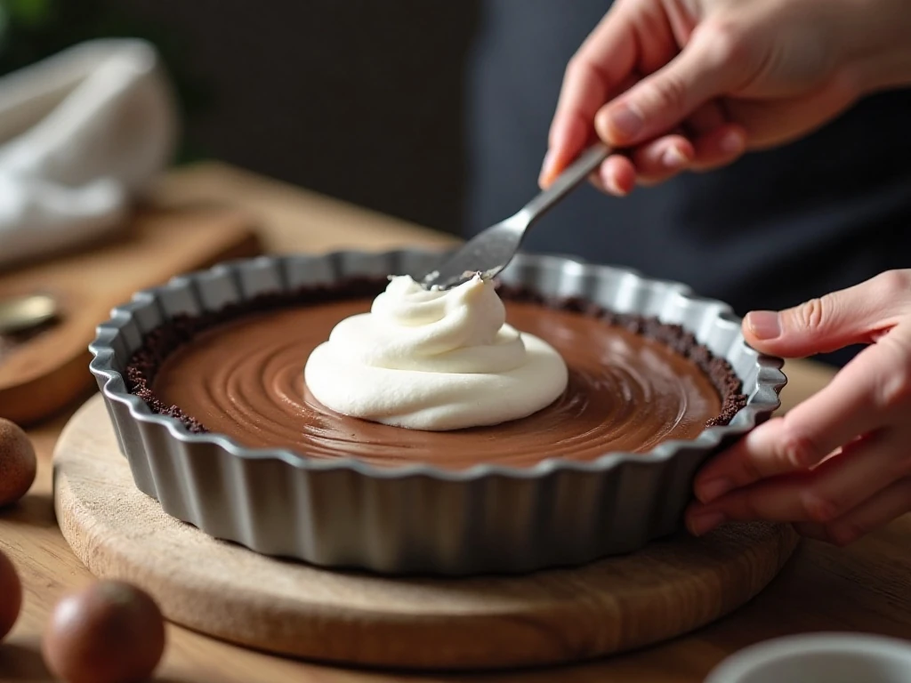 Folding whipped topping into the Nutella pie filling