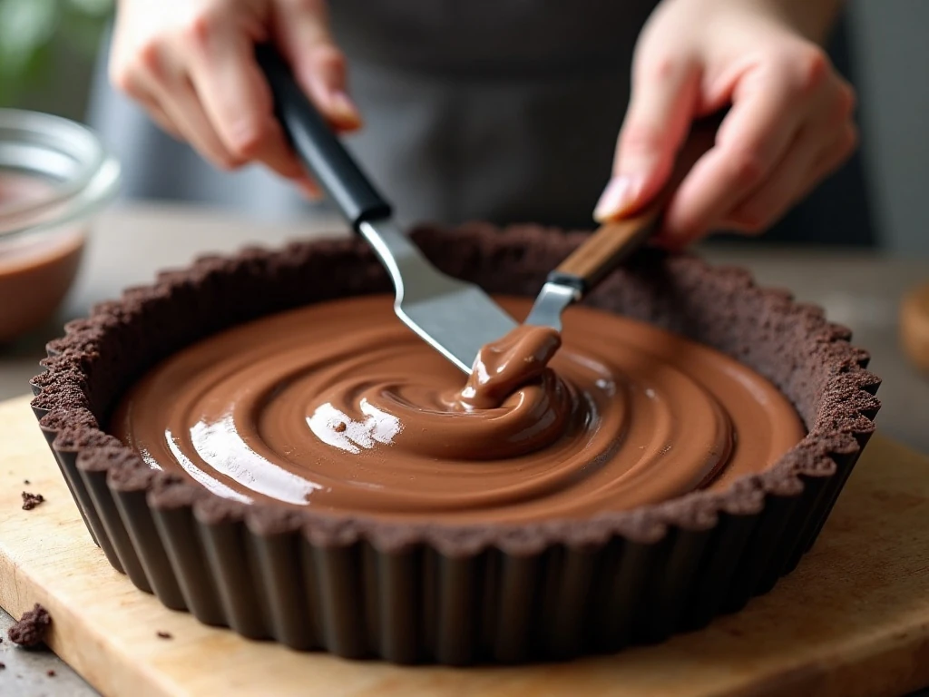Smooth Nutella pie filling spread into a chocolate crust