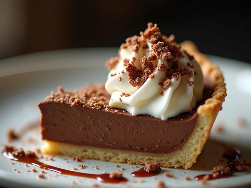 Close-up slice of Nutella pie with chocolate and hazelnut garnish