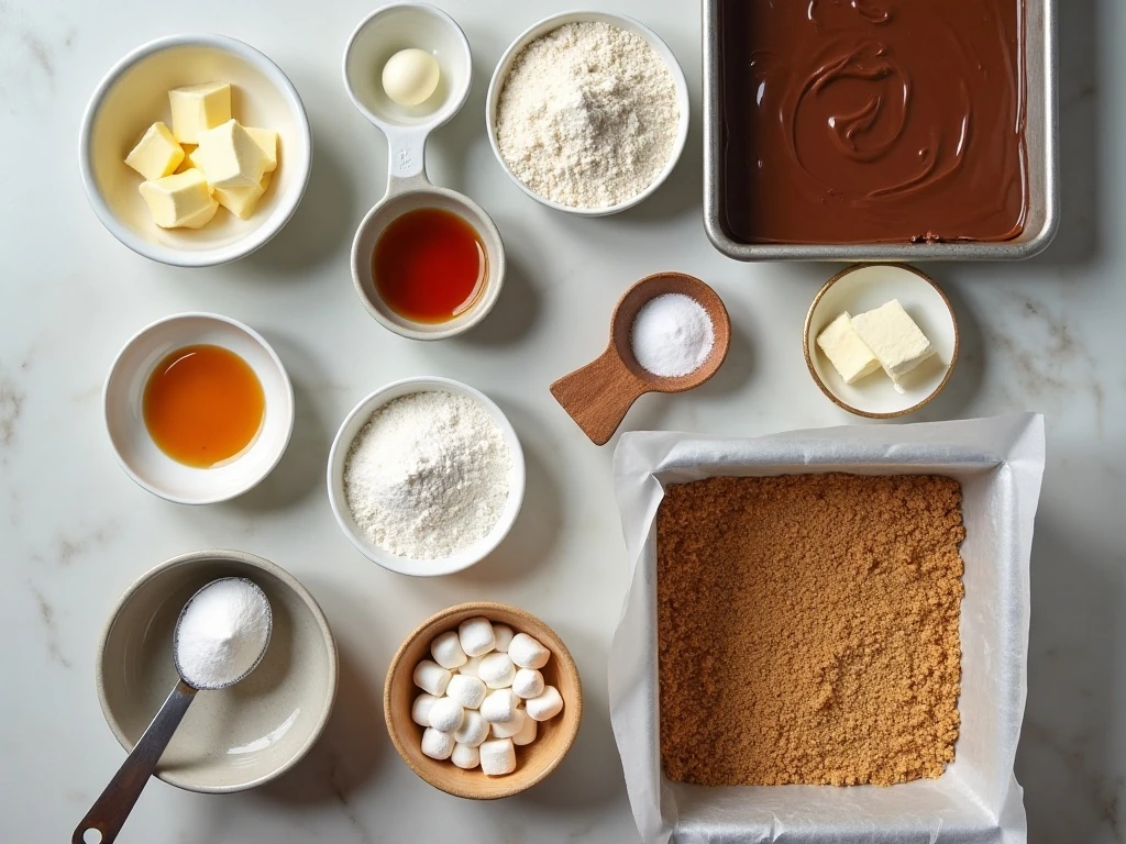 Ingredients for Nutella s’mores bars arranged beside a square baking pan