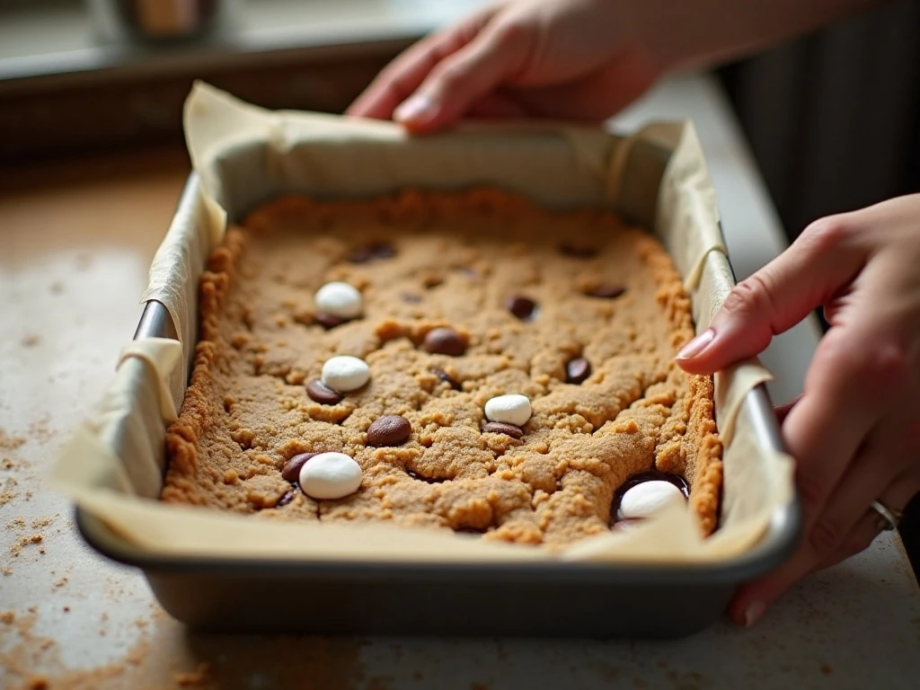 Layering graham-cracker dough, Nutella, and marshmallows for s’mores bars