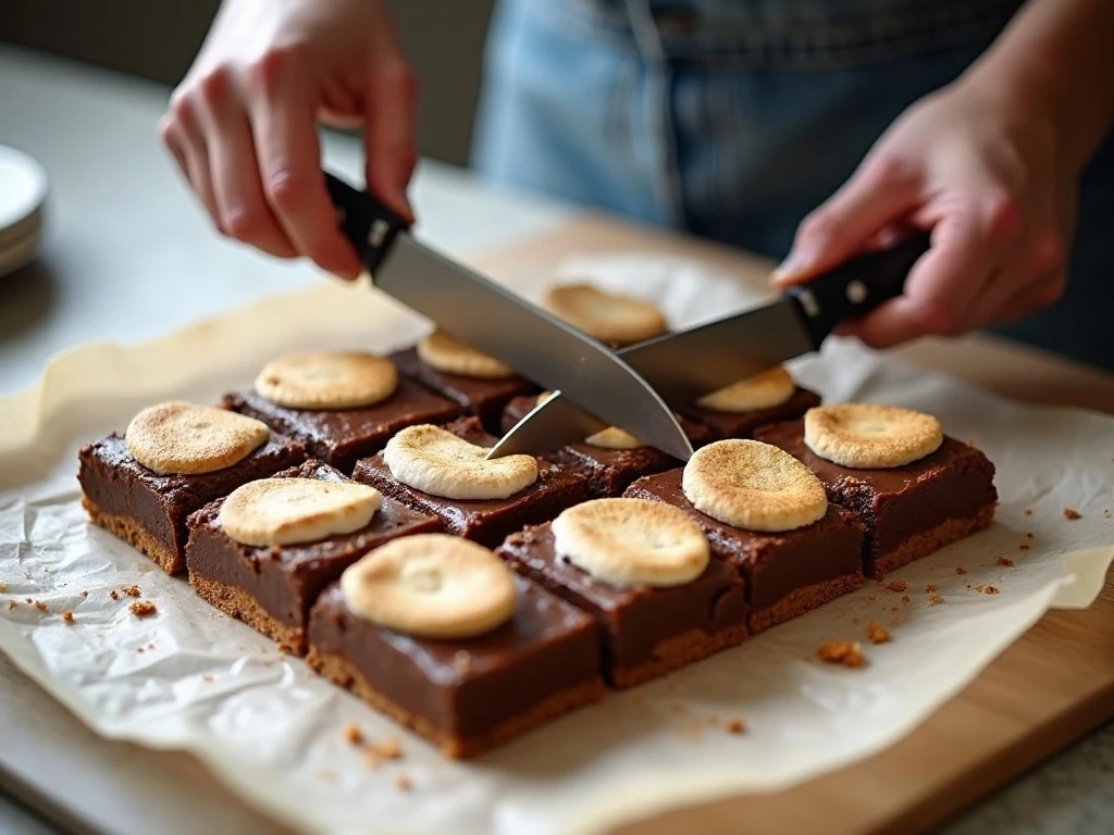 Nutella s’mores bars sliced into neat squares on parchment paper