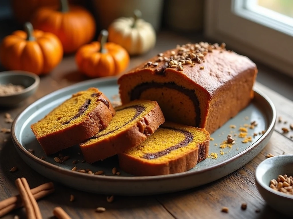 Sliced Nutella-swirled pumpkin bread loaf served on a platter