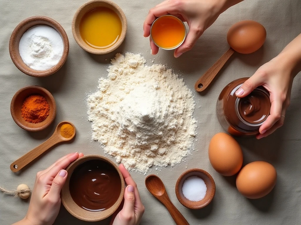 Ingredients for Nutella-swirled pumpkin bread arranged for baking