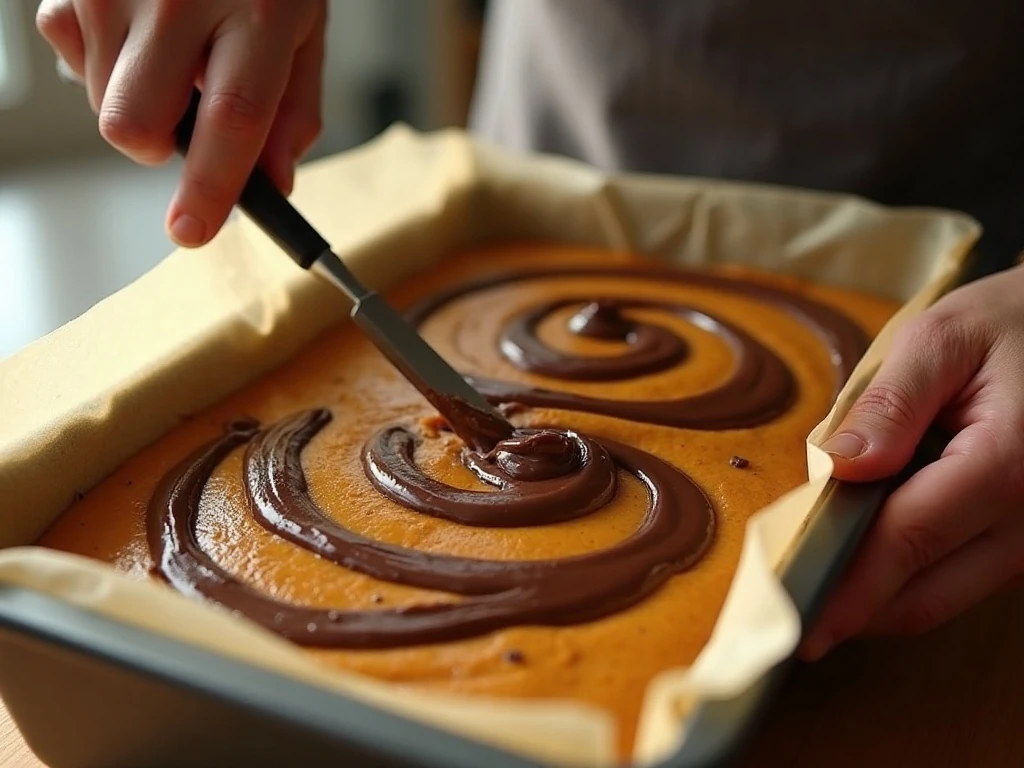 Layering pumpkin batter and Nutella before swirling the loaf