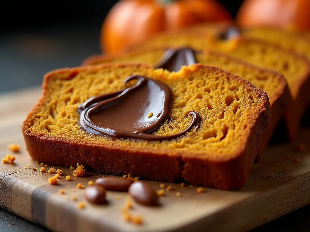 Close-up of tender pumpkin bread crumb with defined Nutella ribbons