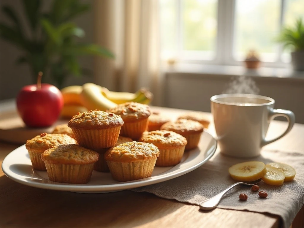 Platter of healthy oatmeal apple banana muffins served for breakfast