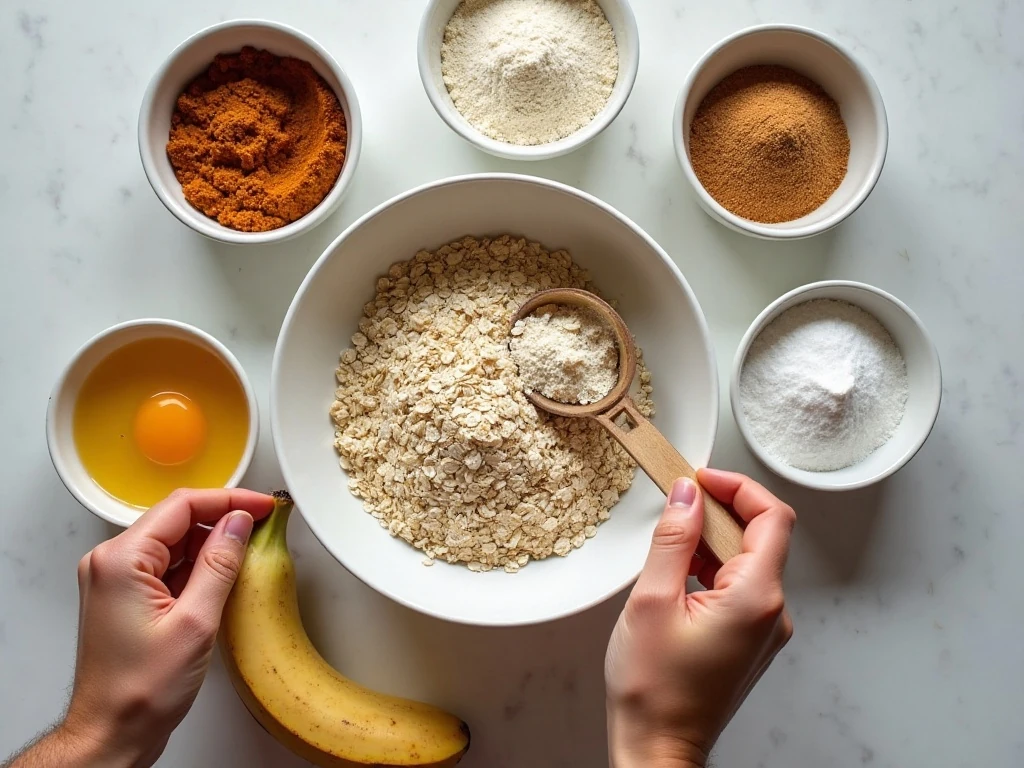 Ingredients for healthy oatmeal apple banana muffins