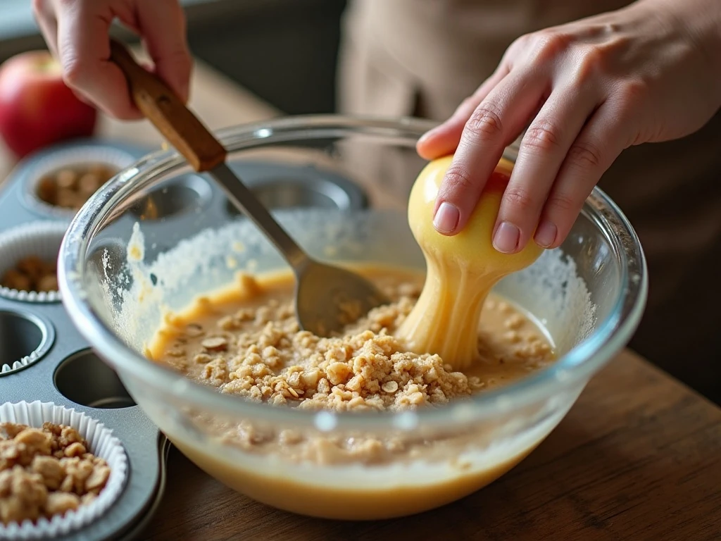 Folding chopped apple into oatmeal banana muffin batter
