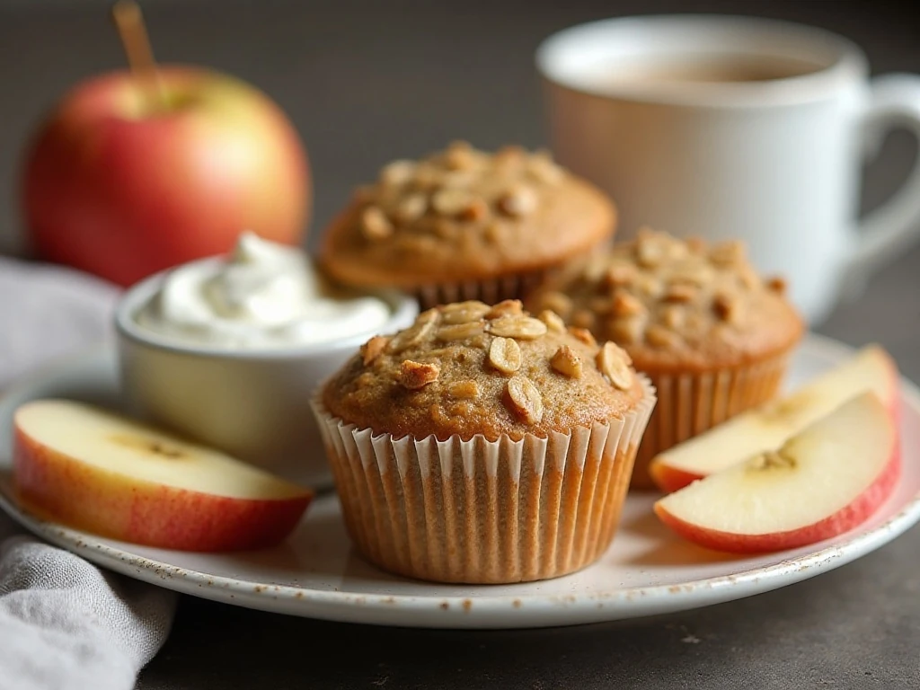 Healthy apple banana muffins with yogurt and fresh fruit
