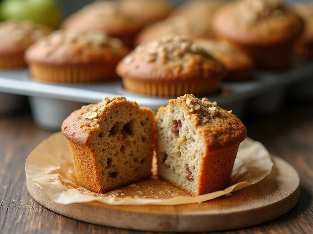 Moist muffin crumb with oats, banana, and apple pieces