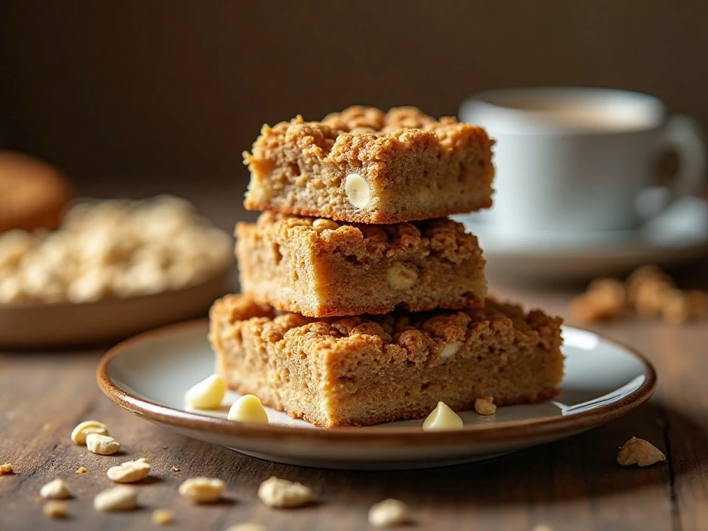 Stack of chewy oatmeal bars with white chocolate chips served with coffee