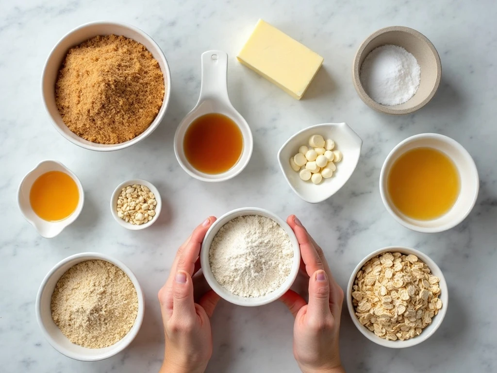 Ingredients for oatmeal bars with white chocolate chips arranged on a countertop