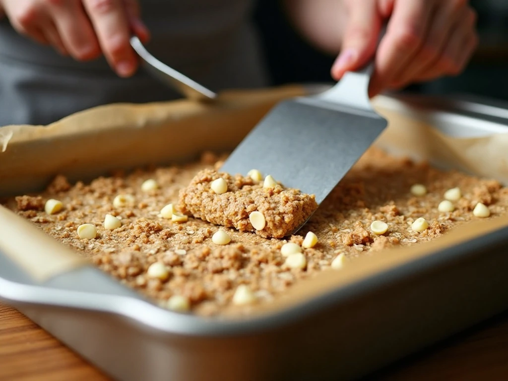 Oatmeal bar dough being pressed into a prepared baking pan
