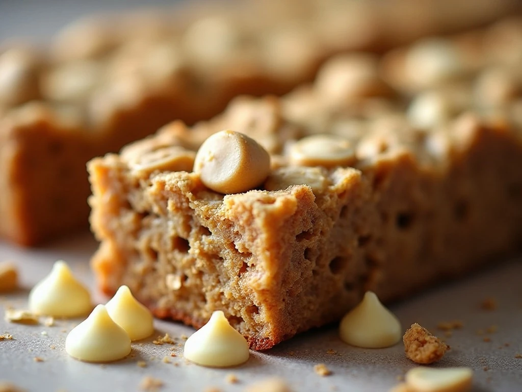 Close-up of the chewy texture and white chocolate chips in an oatmeal bar