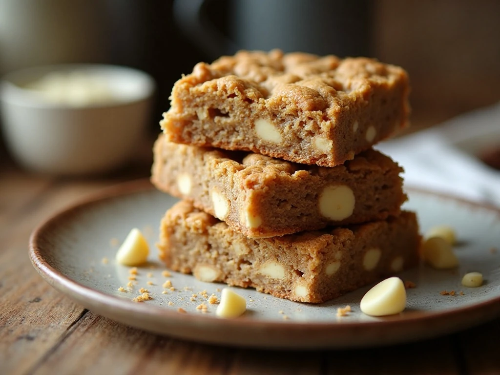 Stack of chewy oatmeal bars with white chocolate chips