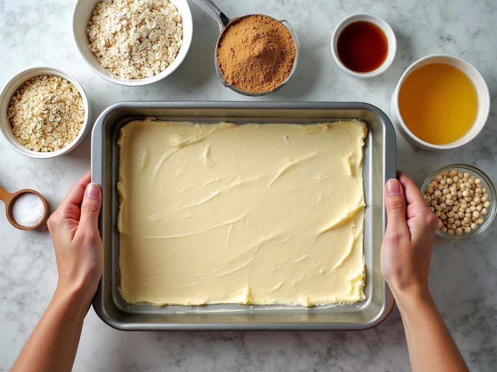 Ingredients for chewy oatmeal bars with white chocolate chips