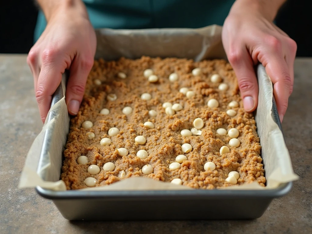 Oatmeal bar dough being pressed into a baking pan