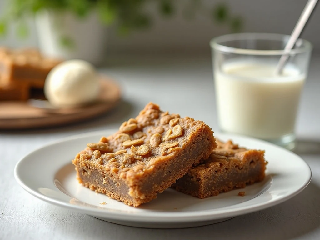 Oatmeal bars served with milk and vanilla ice cream