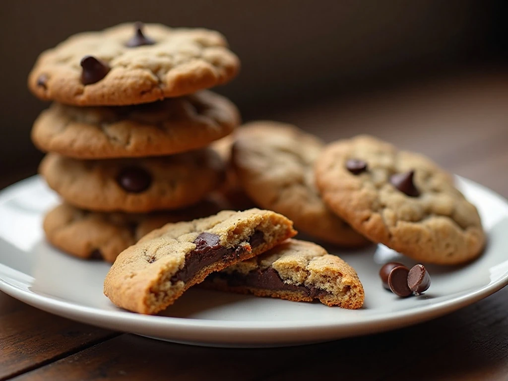 Stack of chewy oatmeal chocolate chip cookies with soft centers
