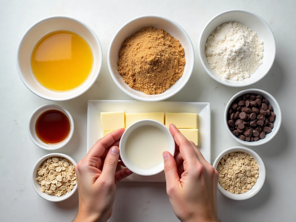 Ingredients for chewy oatmeal chocolate chip cookies