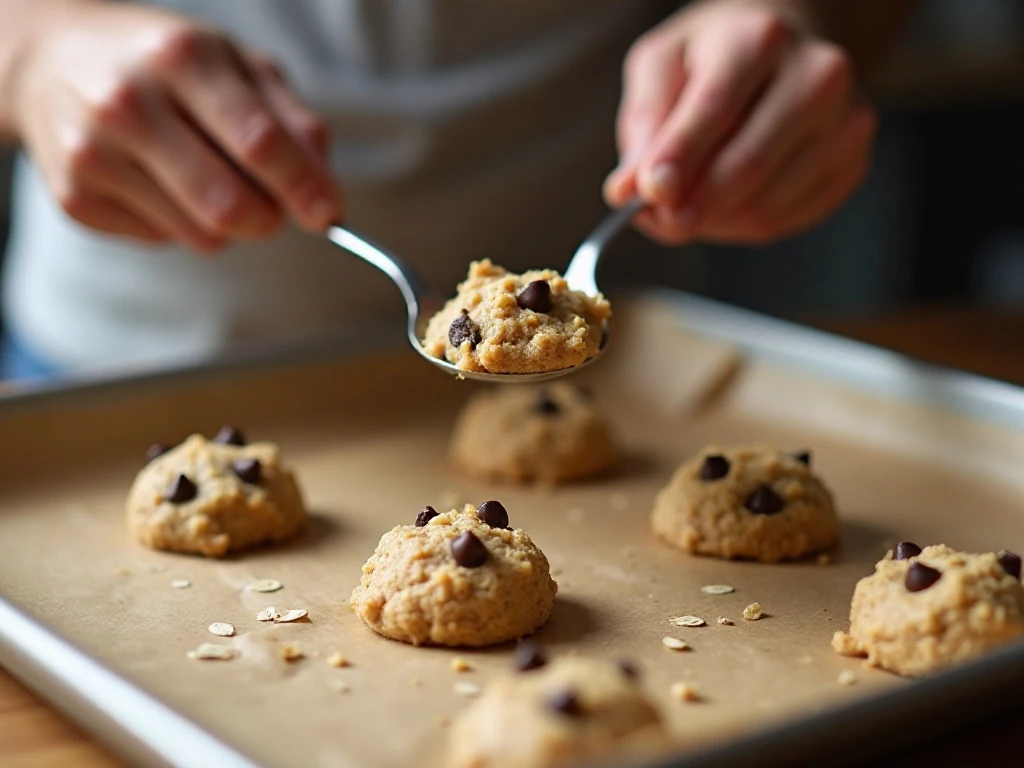 Portioning oatmeal chocolate chip cookie dough onto a baking sheet