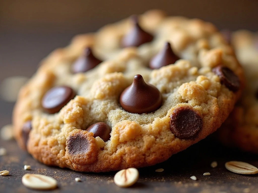Close-up of a soft chewy oatmeal chocolate chip cookie