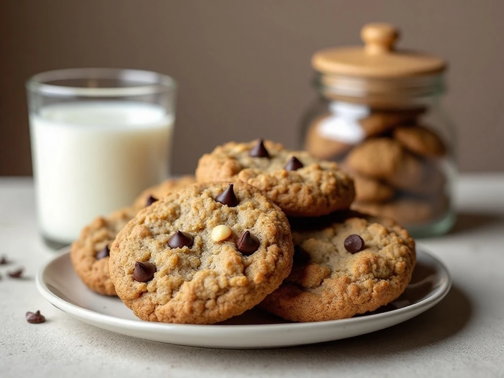 Oatmeal chocolate chip cookies served with milk