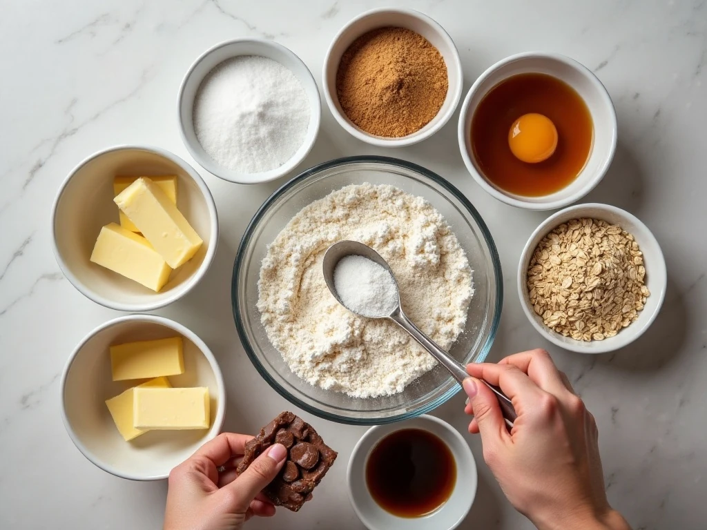 Ingredients for oatmeal Milky Way cookies arranged for baking