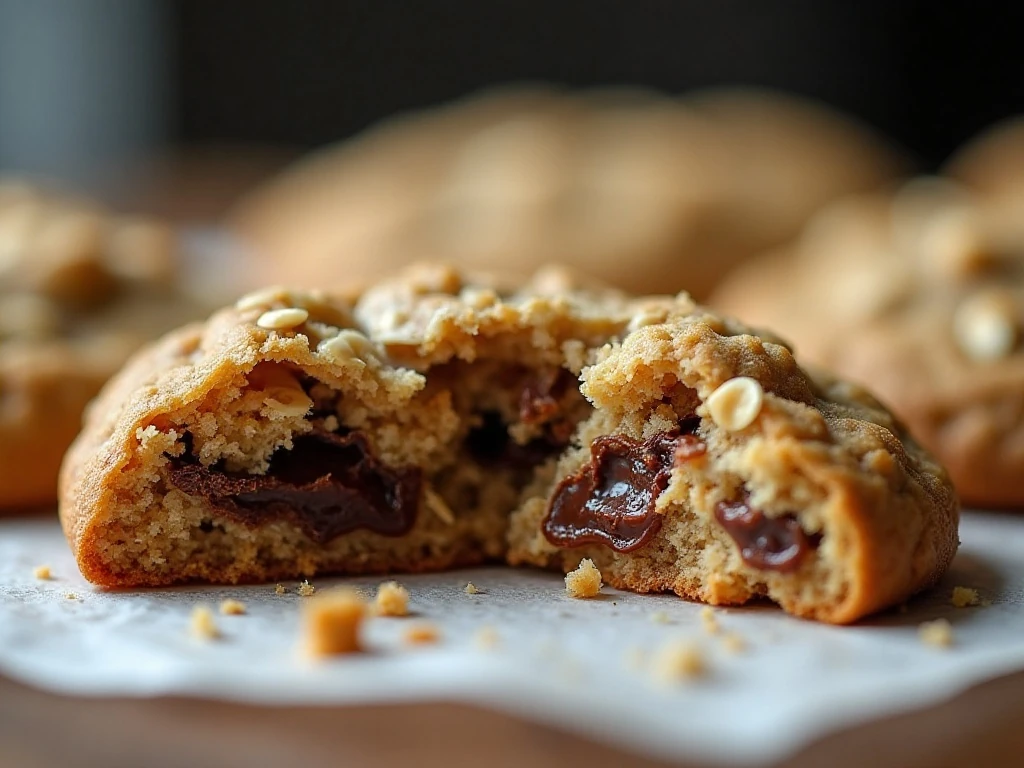 Soft chewy center of an oatmeal cookie with melted candy pieces