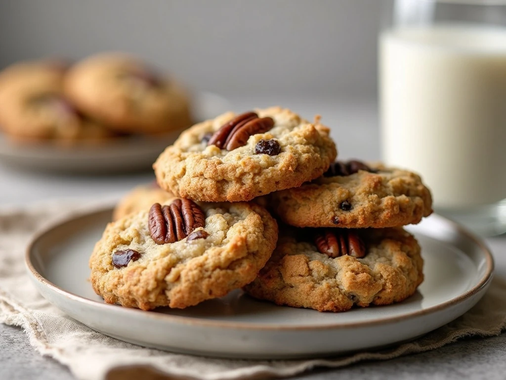 Soft oatmeal raisin cookies with pecans stacked on a plate