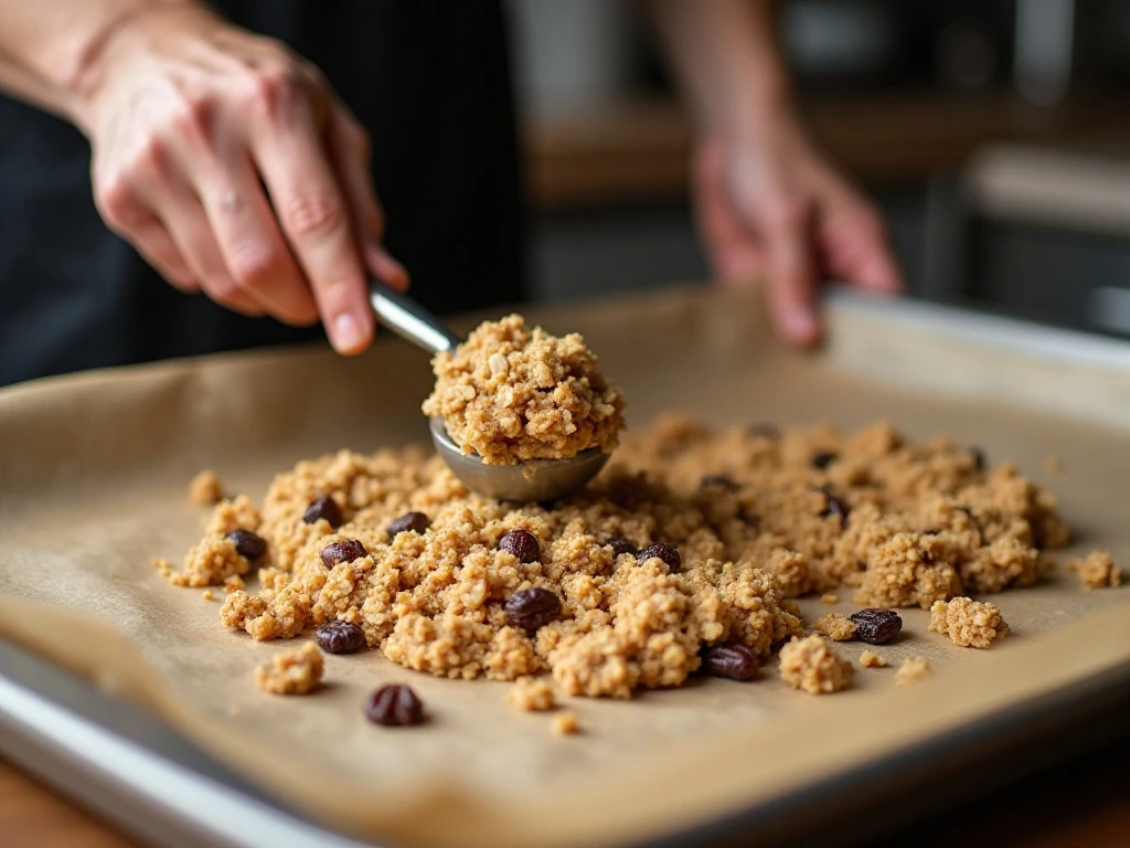 Scooping oatmeal raisin pecan cookie dough onto a baking sheet