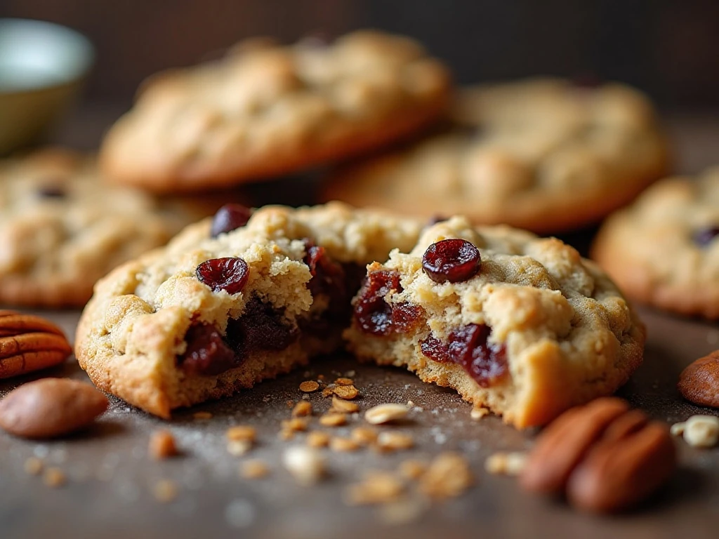 Close-up of the soft center of an oatmeal raisin pecan cookie