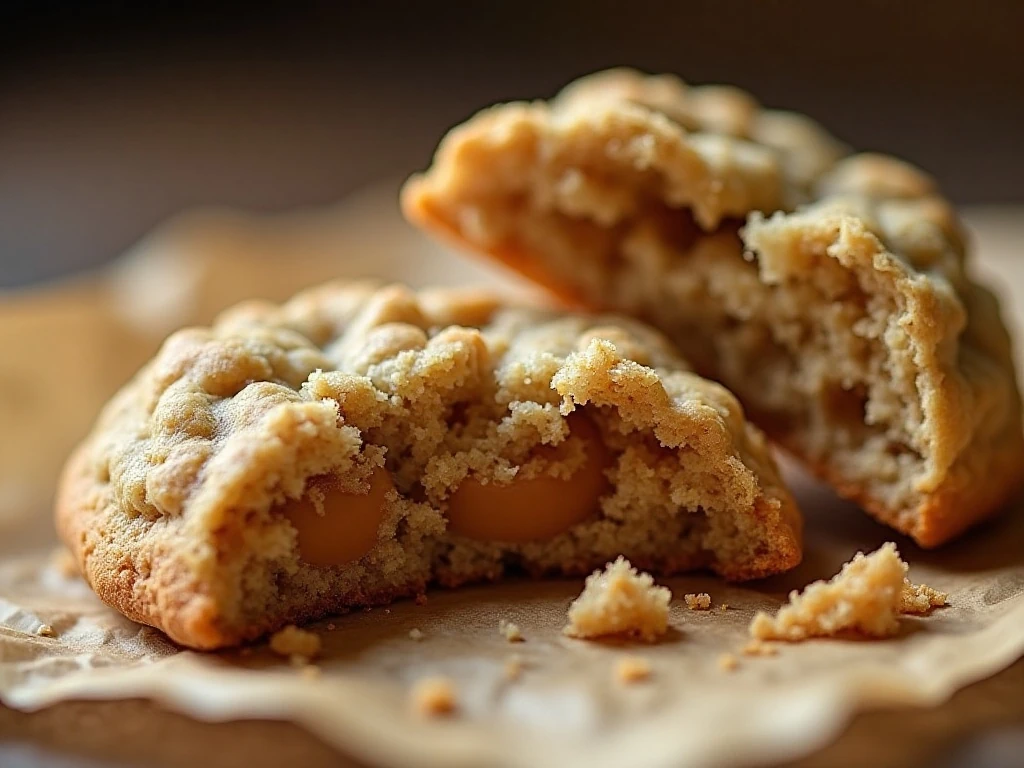 Close-up of a chewy oatmeal Scotchies cookie center
