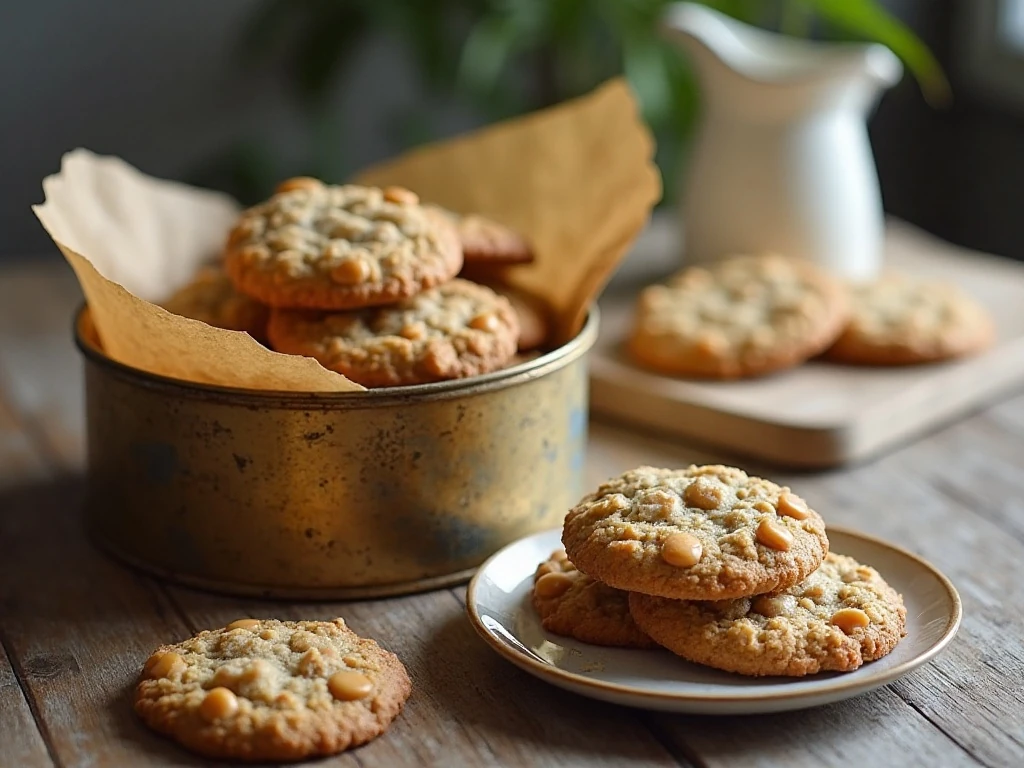 Oatmeal Scotchies cookies stored in a lined cookie tin