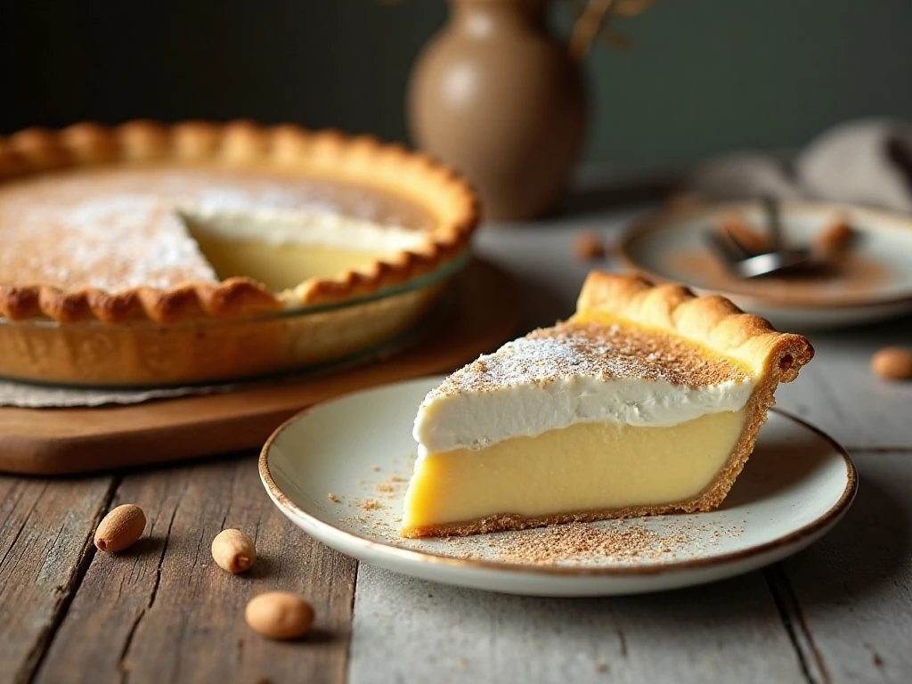 Whole old-fashioned sugar cream pie with one slice showing the creamy filling