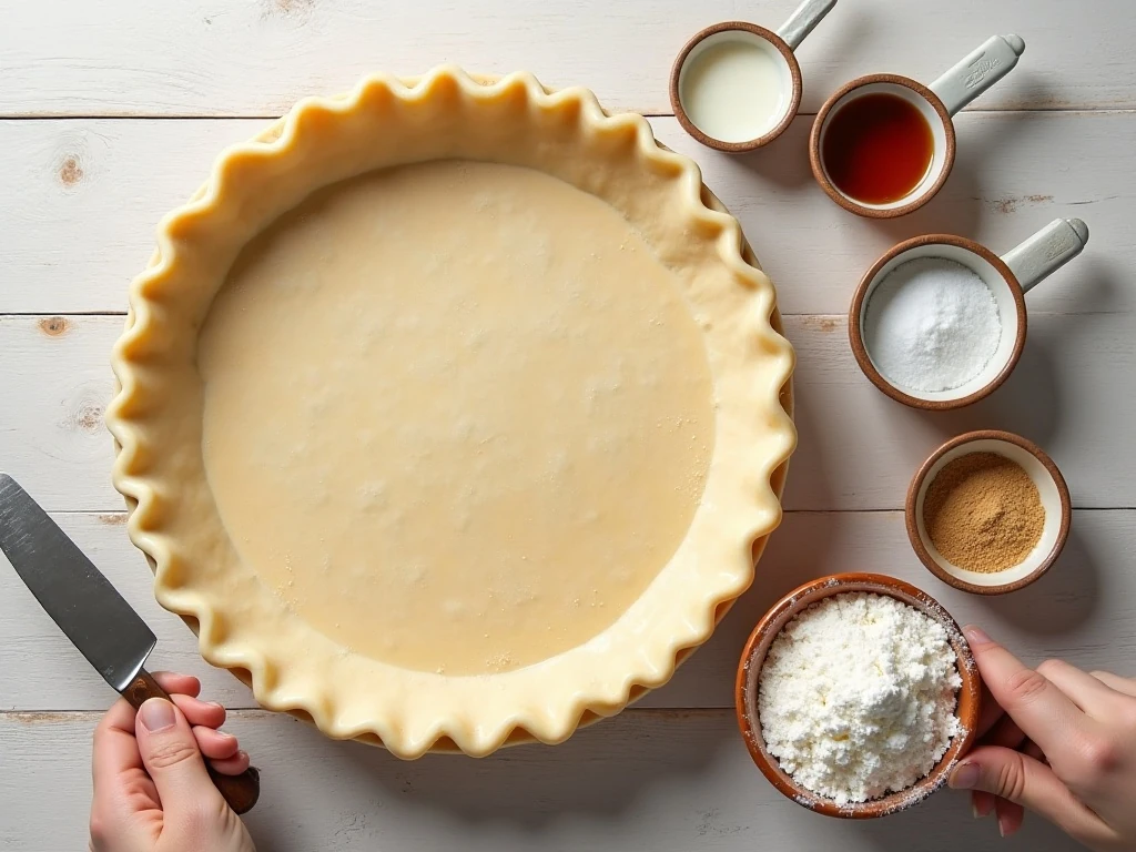 Ingredients for old-fashioned sugar cream pie arranged for baking