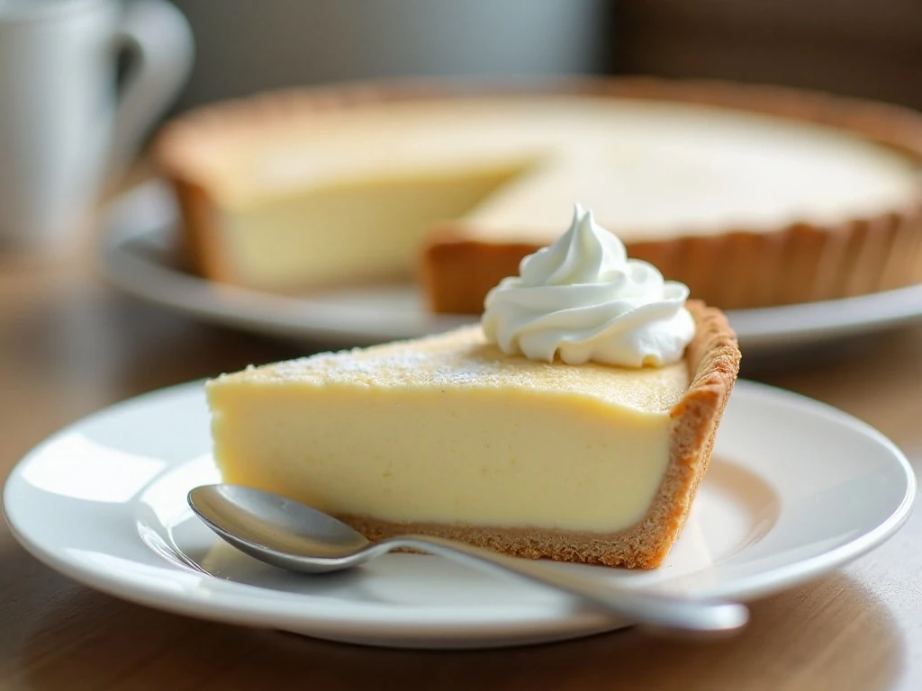 Close-up slice of creamy sugar cream pie finished with nutmeg