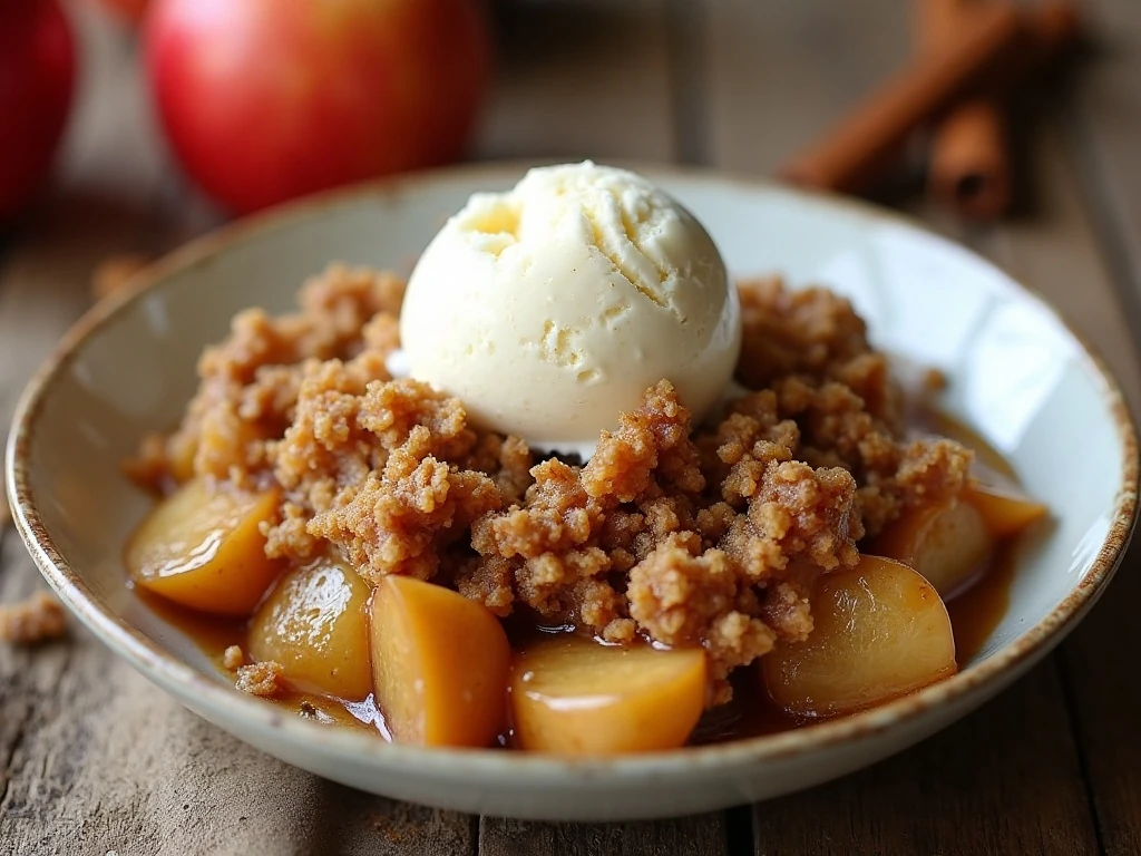Warm old-fashioned apple crisp with vanilla ice cream