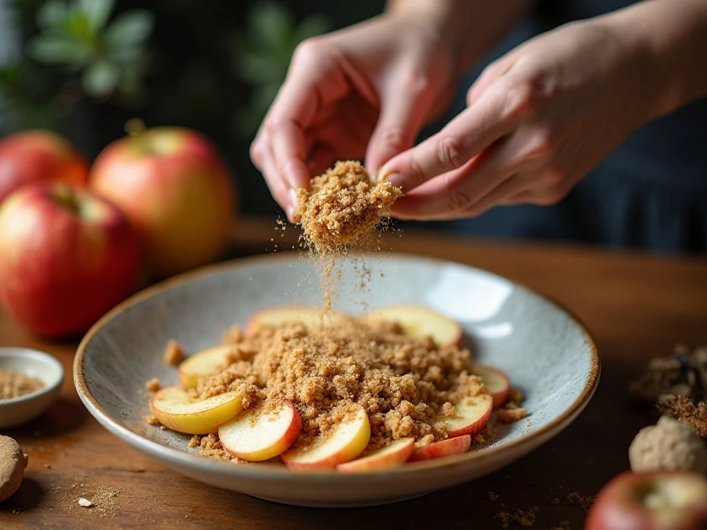 Preparing apples and crumble topping for apple crisp