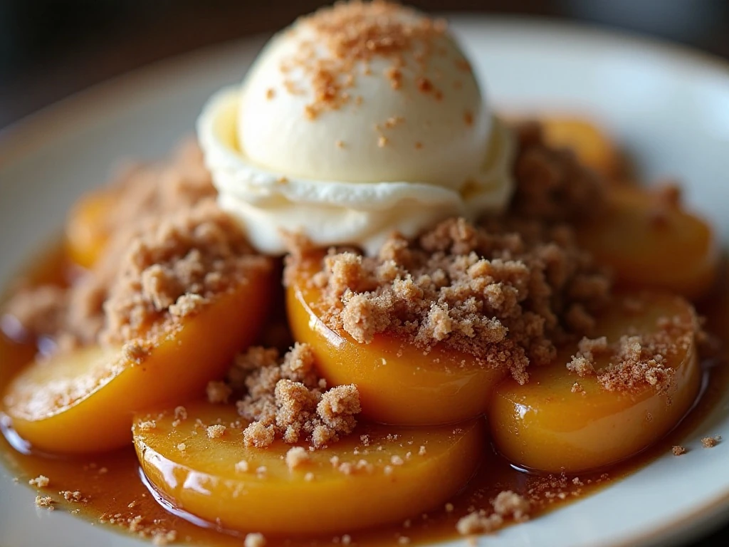 Close-up of golden apple crisp topping and tender apples
