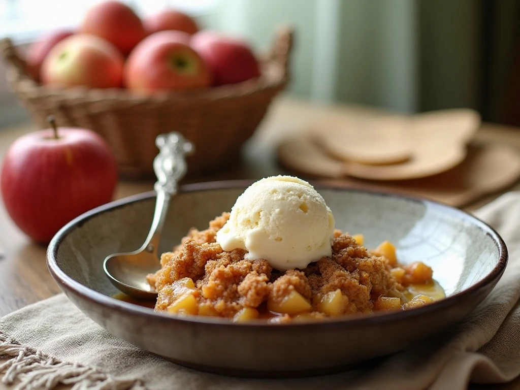 Apple crisp served warm with vanilla ice cream