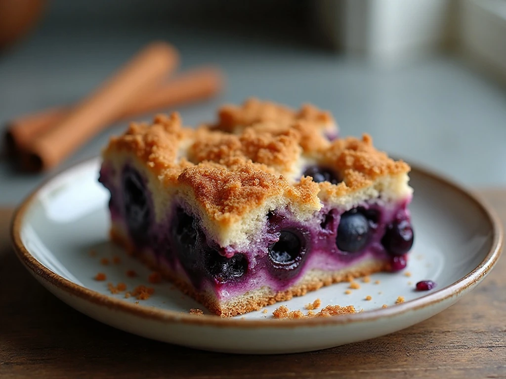 Slice of old-fashioned blueberry buckle with golden streusel topping