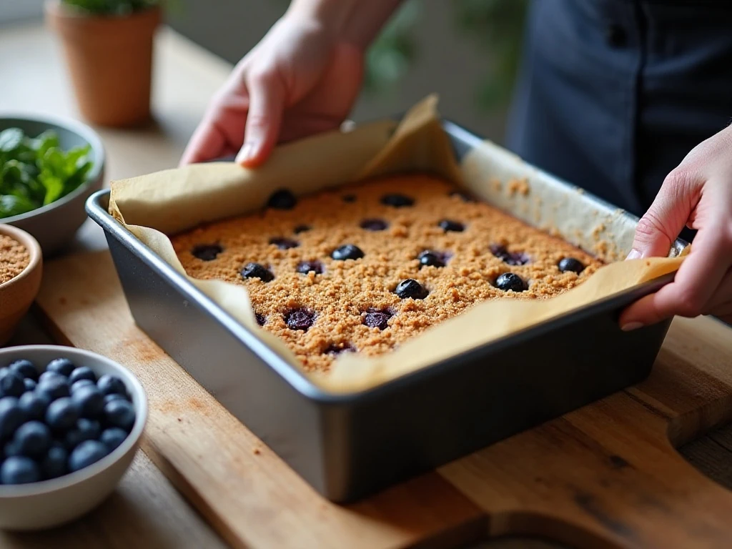 Blueberry buckle batter being spread into a square baking pan