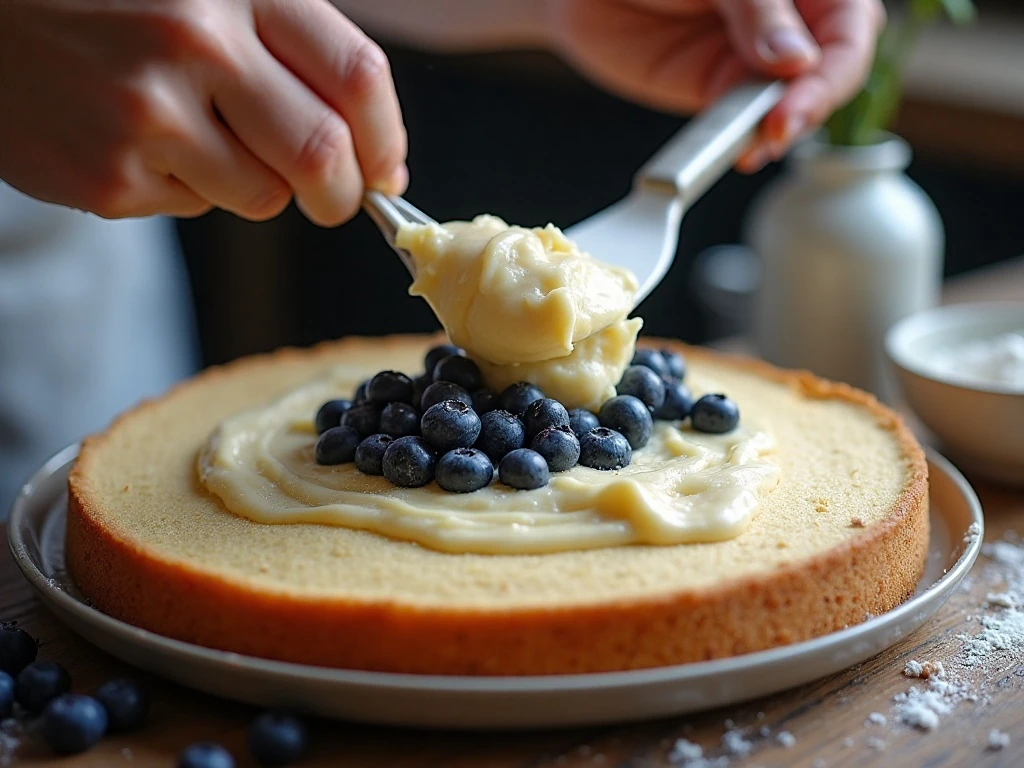 Fresh blueberries being folded gently into buckle cake batter