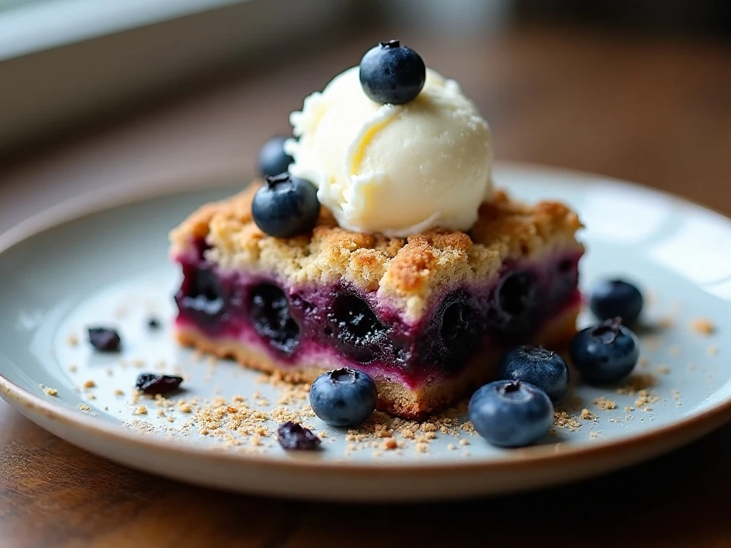 Blueberry buckle served with fresh berries and vanilla ice cream
