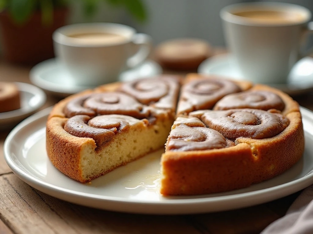 Sliced old-fashioned cinnamon roll cake with cinnamon swirls and vanilla glaze