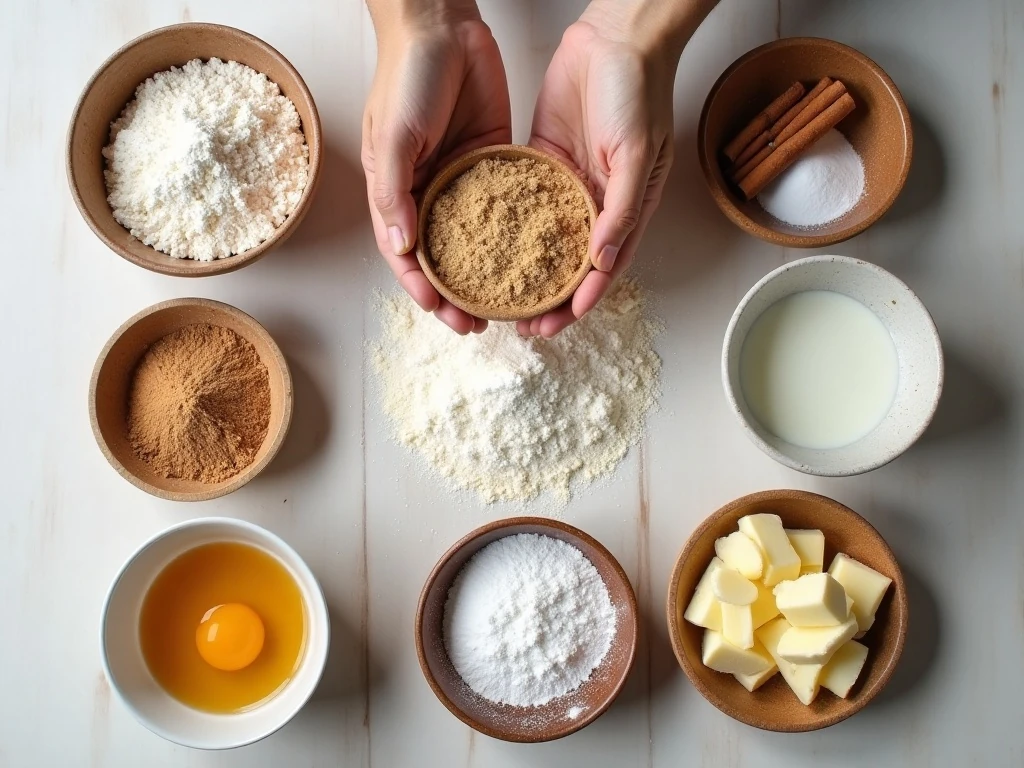 Ingredients for homemade cinnamon roll cake arranged on a countertop