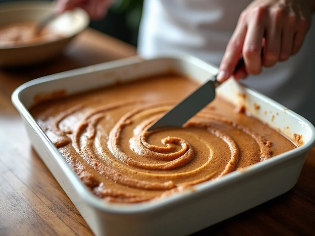 Cinnamon topping being swirled through cake batter in a baking dish